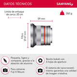 Samyang F1220510102 - Objetivo fotográfico CSC-Mirrorless para Fuji X (Distancia Focal Fija 12mm, Apertura f/2-22 NCS CS, diámetro Filtro: 67mm), Plateado
