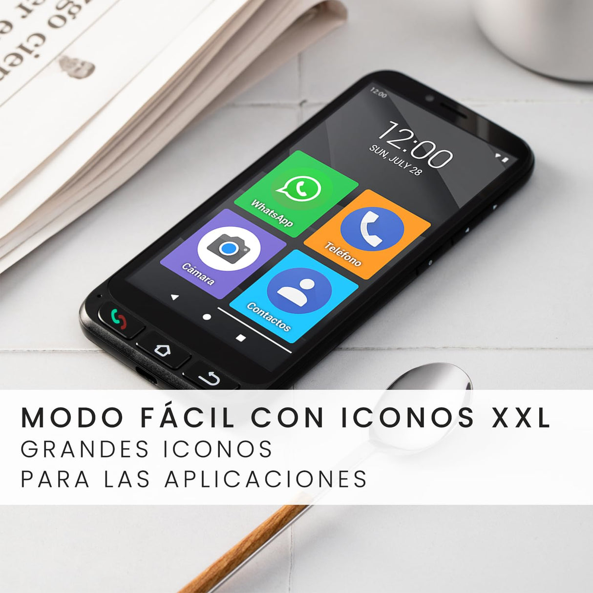 SPC Zeus 4G Pro + Carcasa | Smartphone fácil Uso Mayores | Iconos XXL, Botón SOS, Configuración remota | 5,5”, 4GB RAM, 64GB Memoria Interna, cámara 13MP, Android 11, Base de Carga, Negro