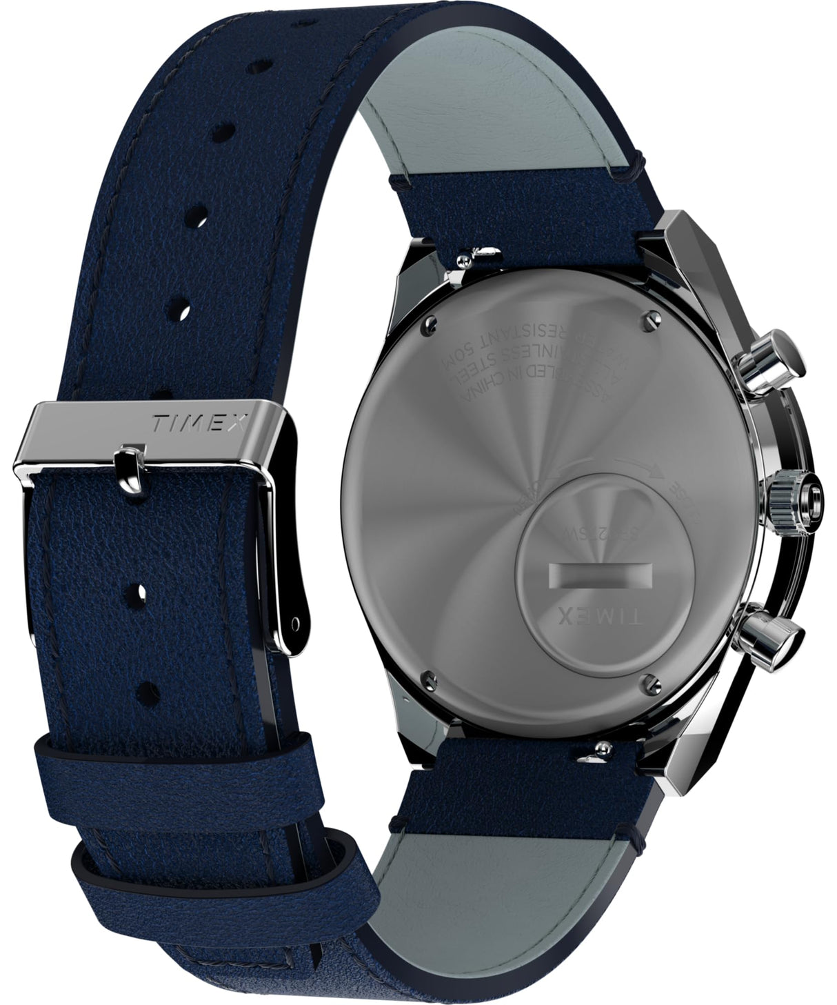 Timex Reloj Q Chronograph - Reloj de 40 mm para hombre, cuero azul, correa de liberación rápida de dos piezas, esfera azul, caja de acero inoxidable TW2W51700