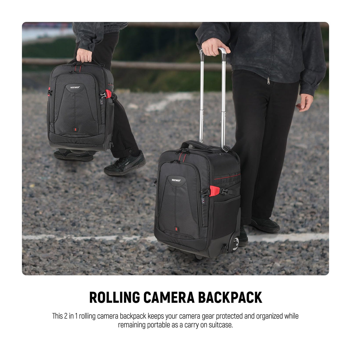 Neewer Maletín con Ruedas 2 en 1 para Cámaras: Antigolpes Acolchado y Extraíble, Asa Retráctil Oculta, para Cámara, Trípode, Flash, Lentes y Portátil. para Viajes en Avión