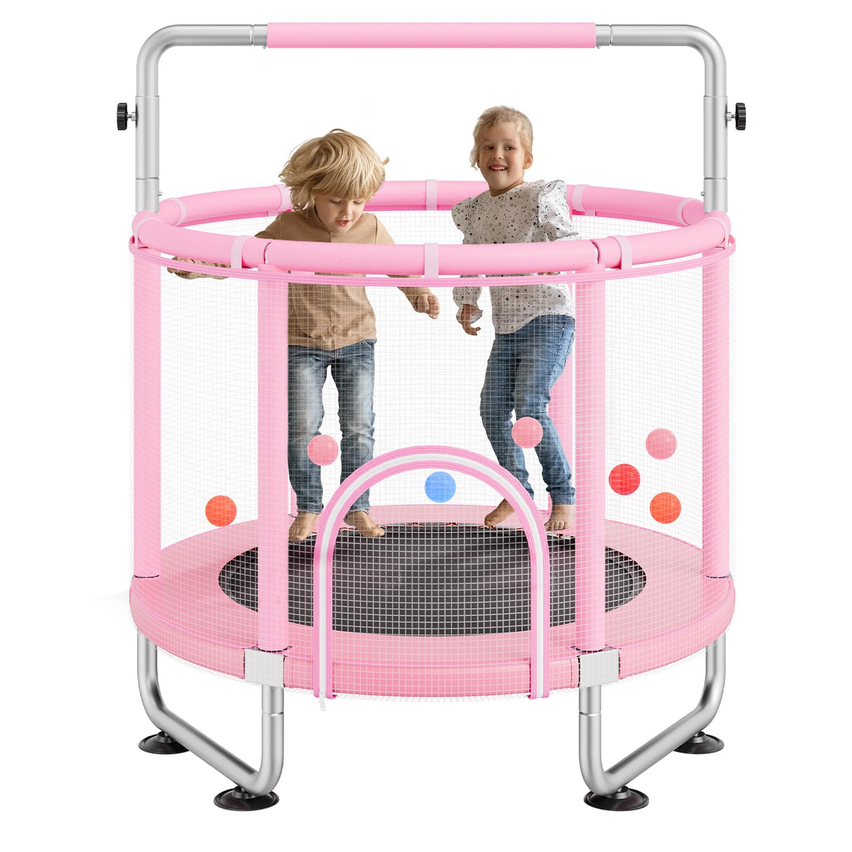 VEVOR Trampolín para Niños para Interiores y Exteriores, Mini Trampolín Recreativo para Niños Pequeños con Red de Seguridad y Aro de Baloncesto, para Niños de más de 3 Años, 1470 x (1540-1690)mm, Rosa