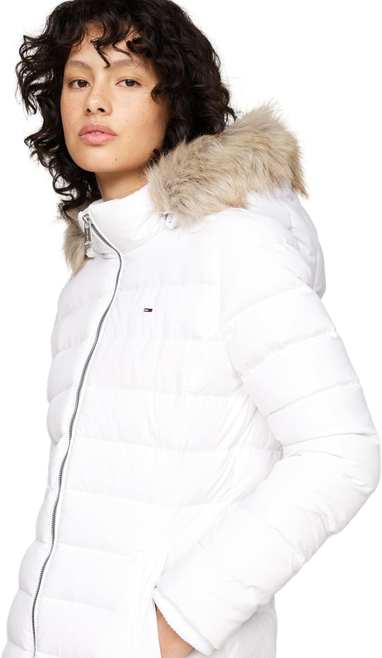Tommy Jeans Abrigo de Plumas Mujer Essential Hooded Down Coat con Piel Sintética, Blanco (White), L