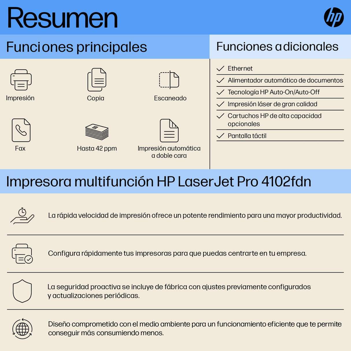 HP Impresora multifunción HP Laserjet Pro 4102fdn (Impresión Doble Cara Automática, Scanner, Fax, Red Gigabit Ethernet, USB 2.0, 1 Host USB, HP Smart App, Apple AirPrint, Mopria), Blanca y negra