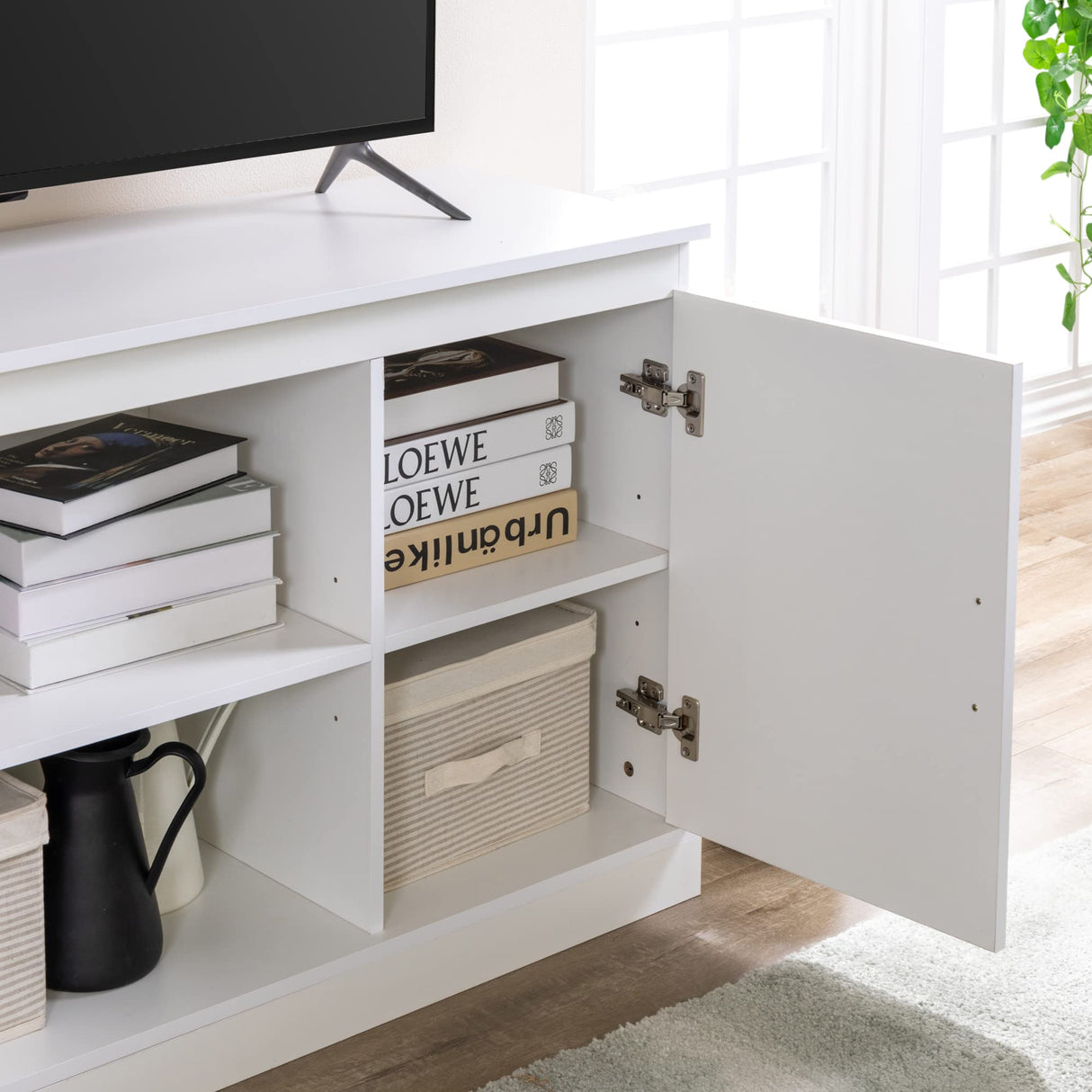 Zinus Wade Mueble TV - Mueble TV 147x67x40 cm - Unidad con mueble de almacenamiento - Blanco