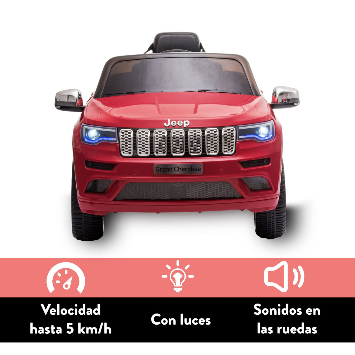 FEBER Jeep Cherokee Rojo 12V, Coche eléctrico, 1 Plaza, radiocontrol: Faros con luz, 2 Marchas, Acelerador y Freno eléctrico, de 3 a 8 años, Famosa (800013450)