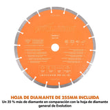 Evolution Sierra para hormigón de 255 mm R255DCT de Evolution: sin gasolina, corte de 102,5 mm, incl. hoja de diamante prémium