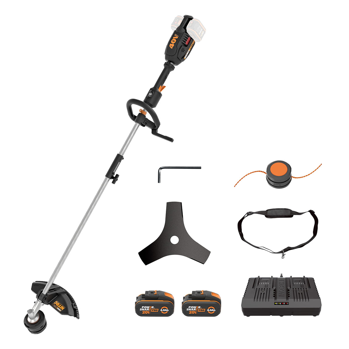 WORX Cortabordes y desbrozadora Nitro 38cm 40V (2x20V) | PowerShare | Motor sin escobillas | WG186E.1-2 baterías 4Ah| Cargador | 2 en 1 | Doble Hilo