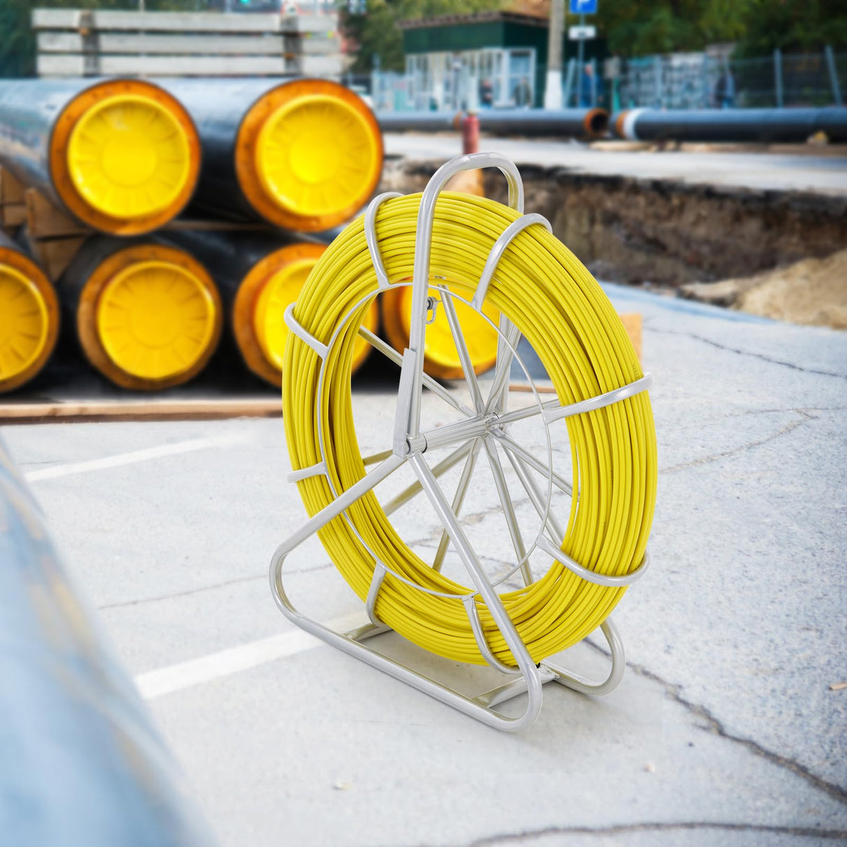 VEVOR Cinta de Fibra de Vidrio Cable de 150 m Diámetro de 7,9 mm Aguja Extractora de Cable Eléctrico Carrete de Conducto Soporte de Acero 3 Cabezas Extractoras para Conducto No Conductor de Pared