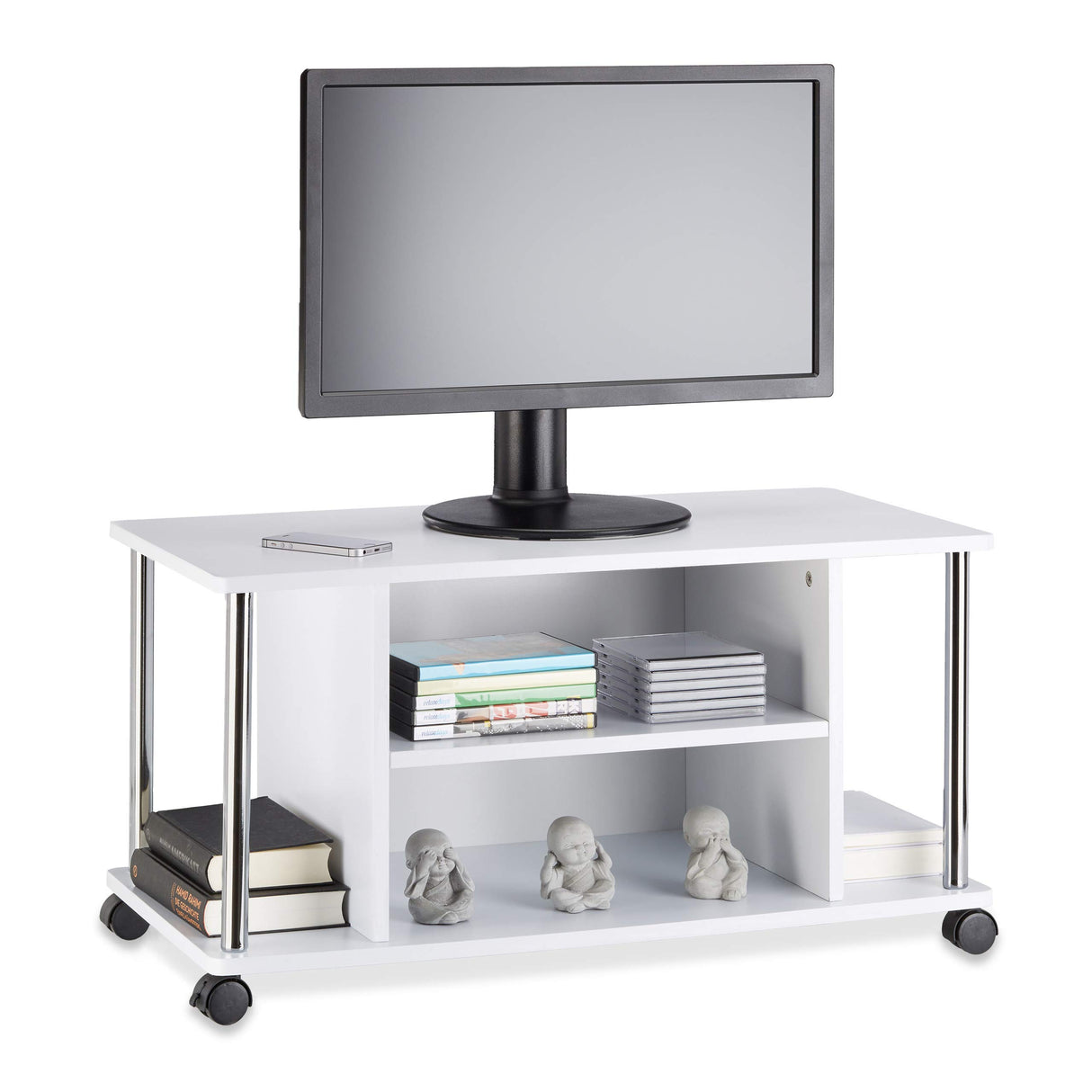 Relaxdays Mueble para TV con Ruedas, Madera-Acero Inoxidable, Blanco, 41.5 x 80 x 40 cm