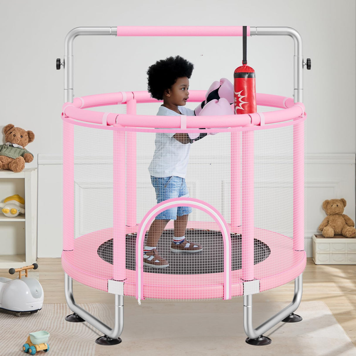 VEVOR Trampolín para Niños para Interiores y Exteriores, Mini Trampolín Recreativo para Niños Pequeños con Red de Seguridad y Aro de Baloncesto, para Niños de más de 3 Años, 1470 x (1540-1690)mm, Rosa