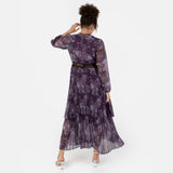 Anaya with Love Women's Midaxi Dress Ladies Long Blouson Sleeve V-Neck Tiered Pleated Lace Insert Empire A-Line Wedding Guest Evening Vestido, Purple Floral, 46 para Mujer
