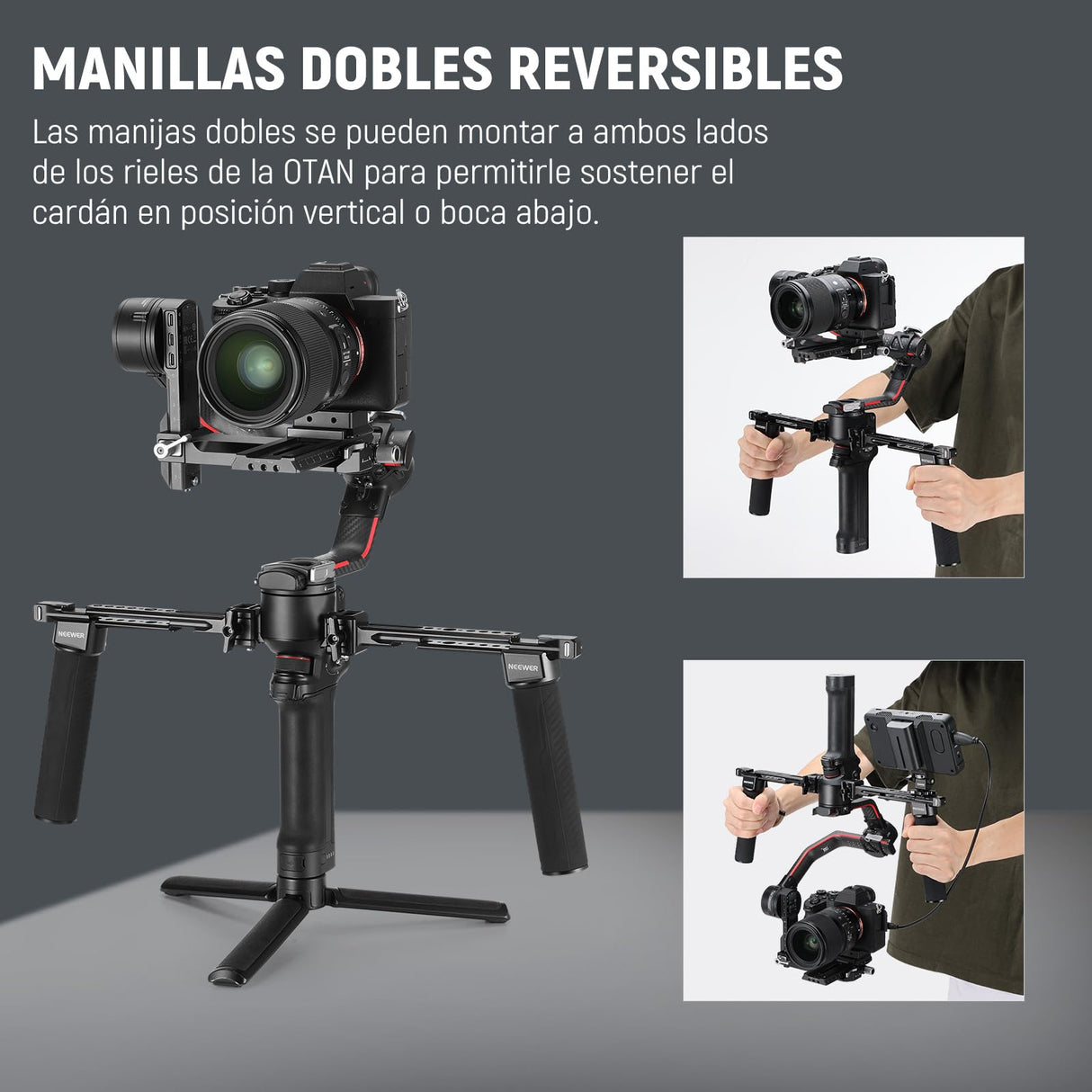 NEEWER Mango dual compatible con DJI RS4 RS4 Pro RS3 RS3 Pro RS2 RSC2 Ronin S SC cardán, kit de doble mango con 2 mini rieles NATO, abrazaderas NATO de liberación rápida, roscas de 1/4 y 3/8 pulgadas,