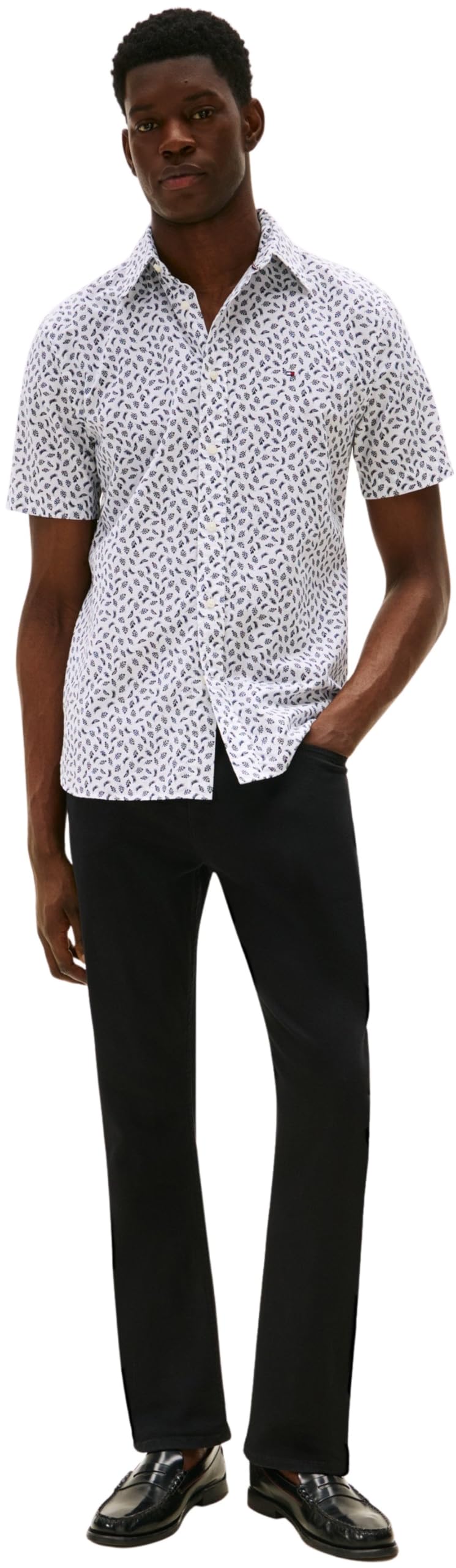 Tommy Hilfiger Camisa Hombre Linen Blend Manga Corta, Multicolor (White/Preppy Navy), M
