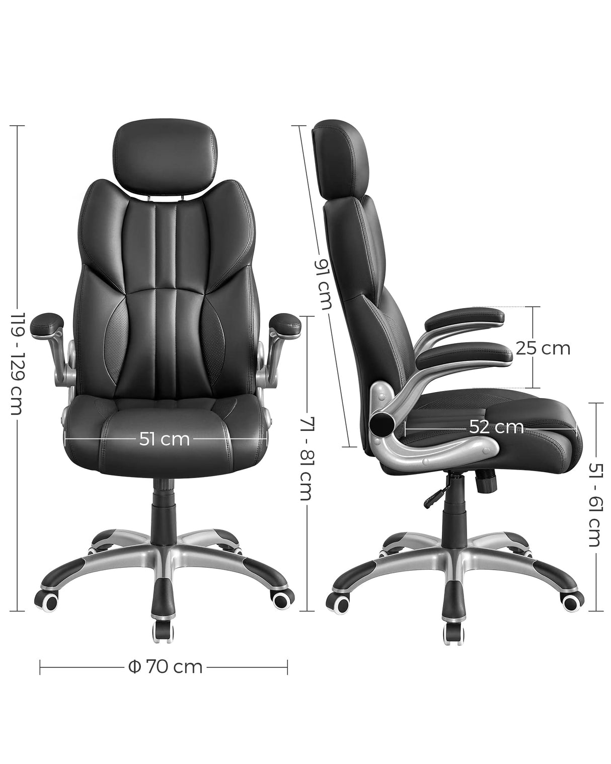 SONGMICS Silla de Oficina, Silla Gaming Ergonómica, Mecanismo de Inclinación, Apoyabrazos Plegables, Ruedas Universales, Altura Ajustable, Silla Racing, Negro Tinta OBG65BK