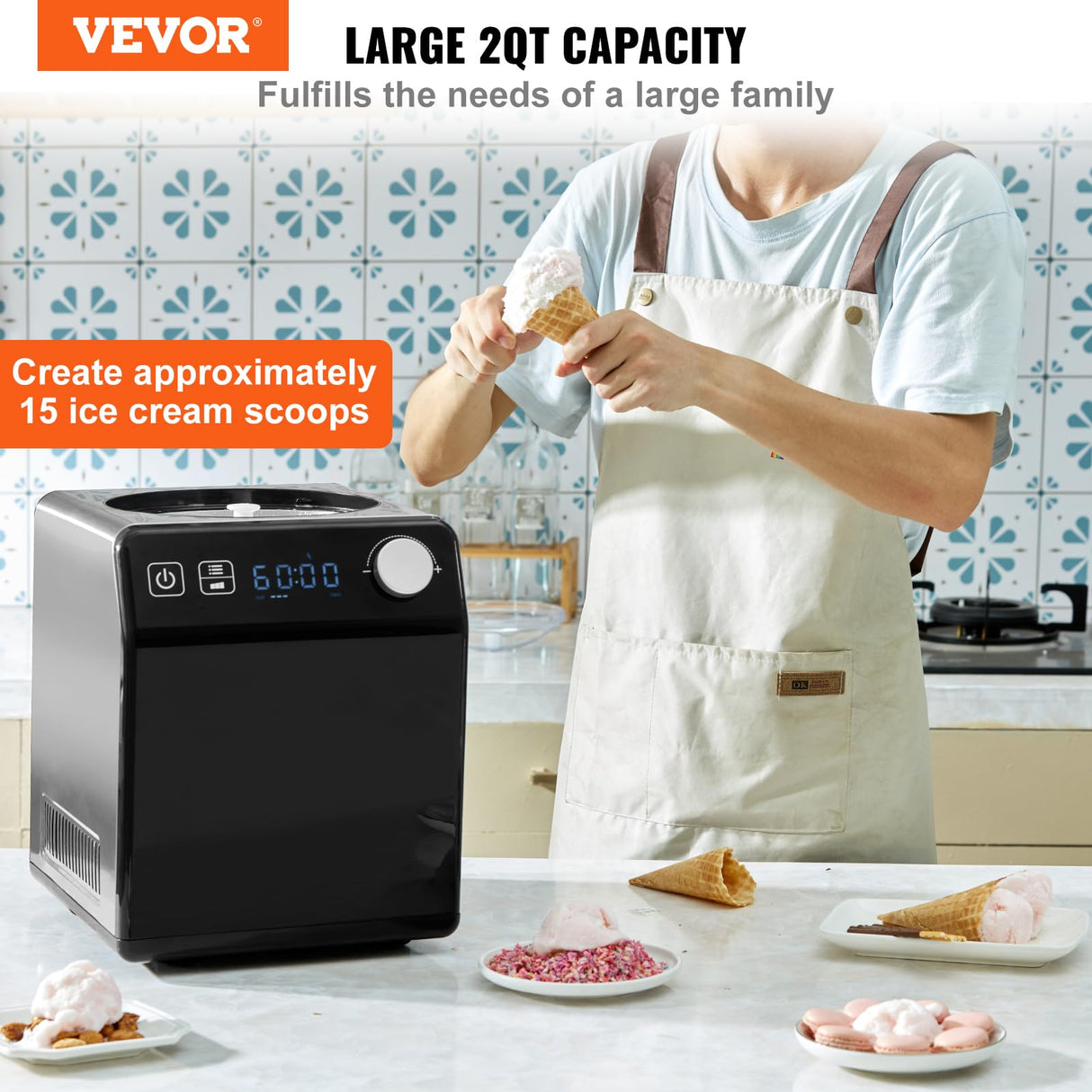 VEVOR Máquina Automática para Hacer Helados 2L Heladera Eléctrica Profesional 180W Máquina para Hacer Helados Pantalla LCD Preparación Rápida sin Precongelación para Hacer Sorbete Yogur Helado, Negro