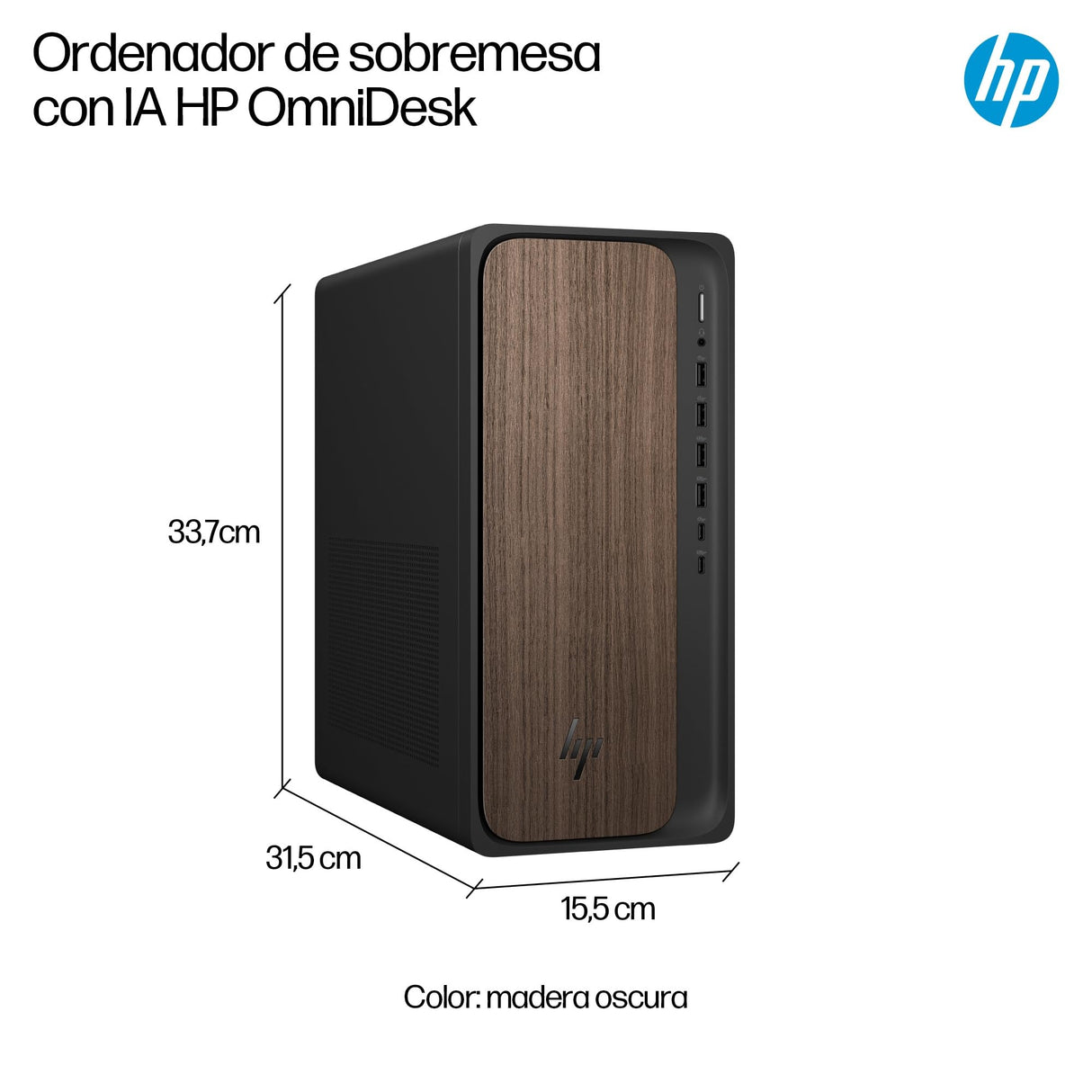 HP Ordenador de sobremesa OmniDesk AI (Intel Core Ultra 7 265, 32GB, 1000GB, Sin Sistema operativo) - Wood