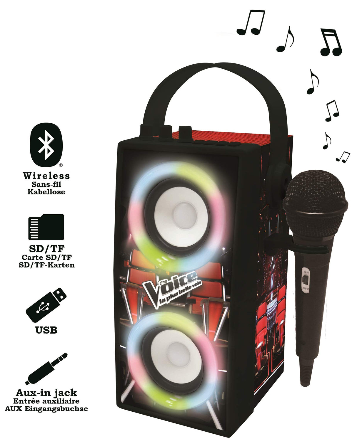 LEXIBOOK, The Voice, Altavoz Luminoso Bluetooth portátil con micrófono, Efectos de luz, Karaoke, Inalámbrico, USB, Tarjeta SD, Batería Recargable, Negro/Rojo, BTP180TVZ