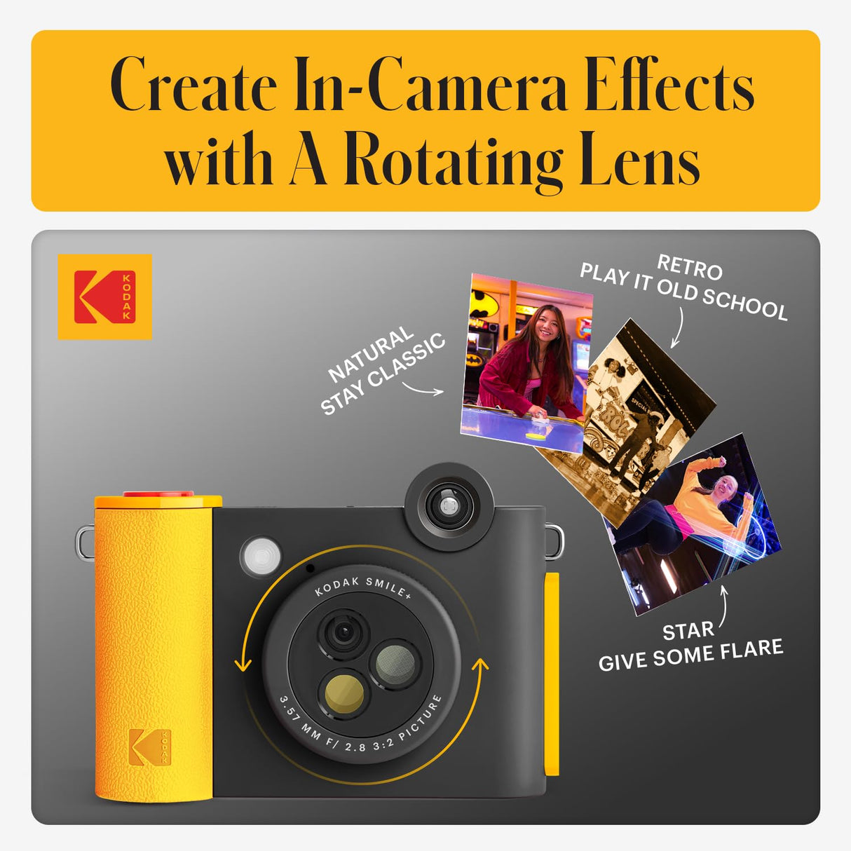 KODAK Smile+ Cámara Digital instantánea 2-en-1 y Impresora Bluetooth - 10MP, Lente giratoria con Efectos, Fotos Adhesivas Zink 2x3”, Imprime Desde App en Dispositivos Inteligentes - Negro