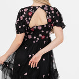 Women's Maxi Dress Ladies V-Neck Short Puff Sleeve Floral Embroidered Tiered Ruffle Tulle A-Line Keyhole Back Evening, Negro 40