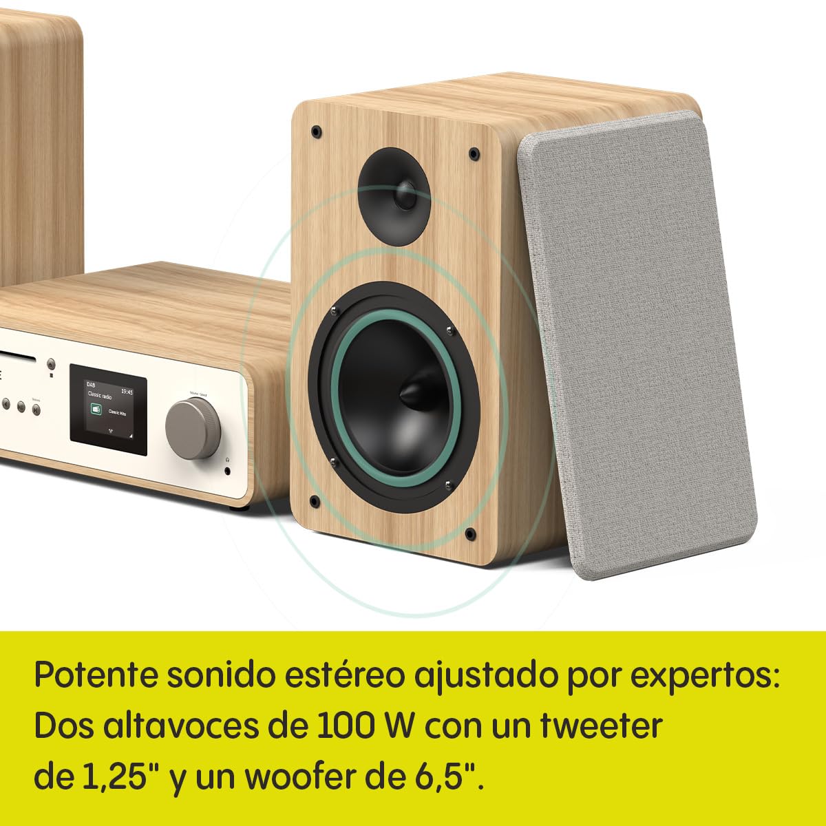 Pure Sistema de música HiFi Pure Classic Stereo, Sistema Compacto (100 W de Sonido, Radio por Internet, Dab+/FM, Bluetooth, Reproductor de CD, USB y Spotify Connect), Blanco algodón/Roble