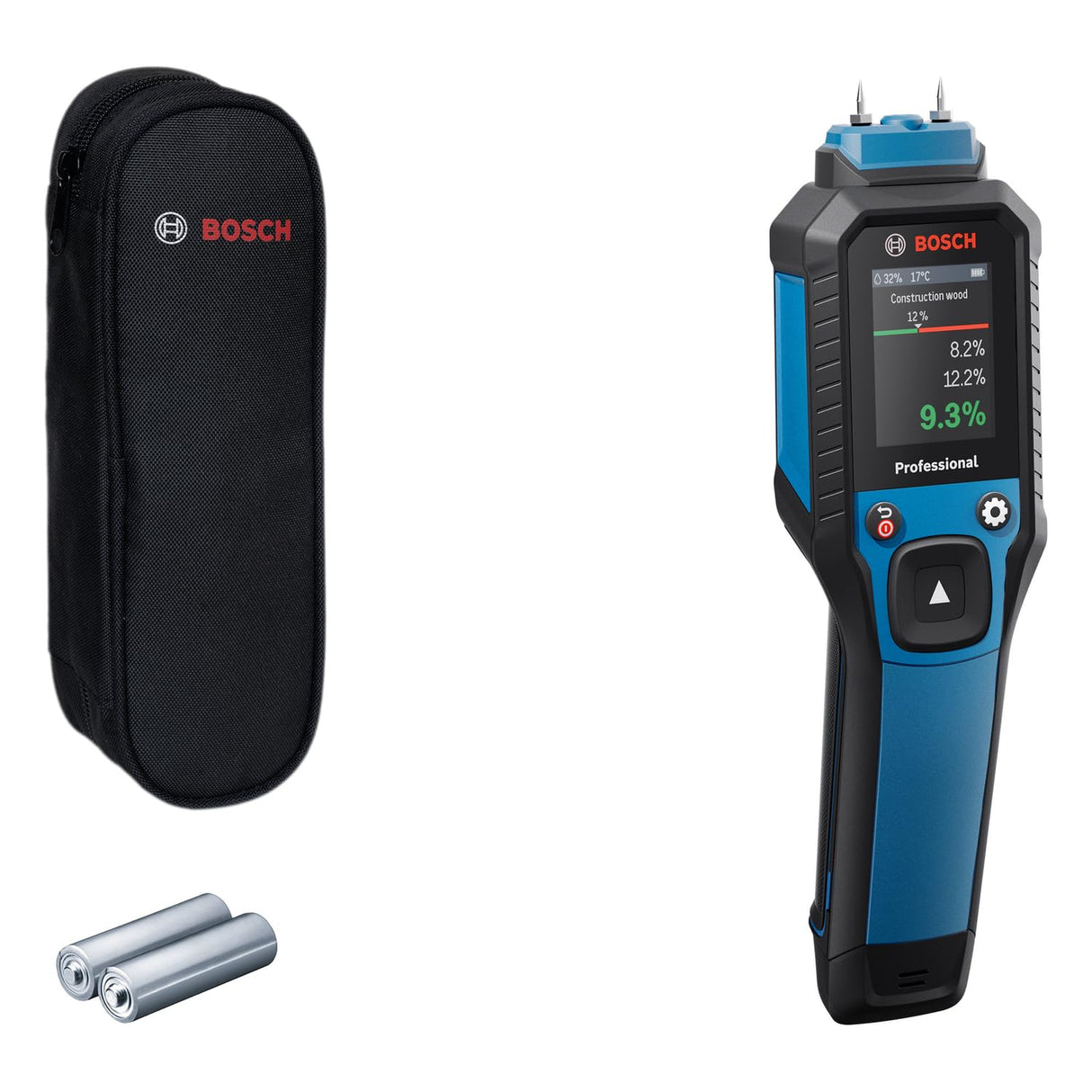 Medidor de humedad GMP 2-15 de Bosch Professional basado en clavijas (mide 37 tipos de madera y 10 materiales de construcción, termohigrómetro integrado, IP65, 2 pilas AA, bolsa)