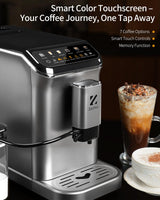 ZACHVO Cafetera Superautomática con Sistema de Leche–20 Bares, 7 Bebidas, 15 Niveles de Molido, Depósito de Agua de 1,5L, Doble Caldera, Control PID, Limpieza Automática,Pantalla Táctil，Café con Leche