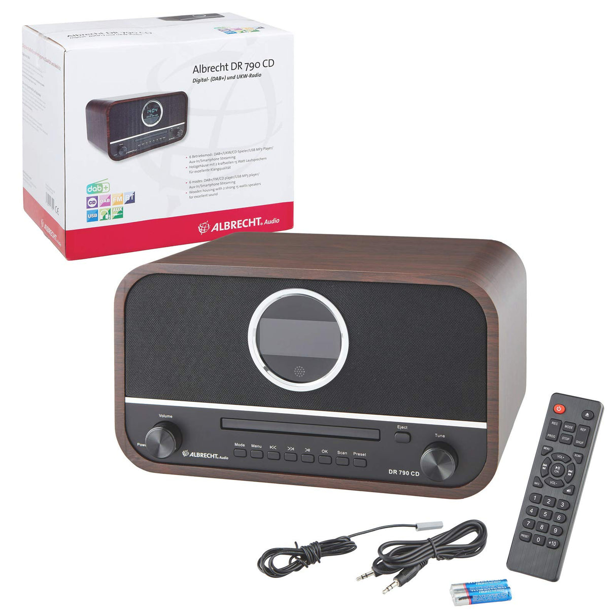 Albrecht DR790CD Radio Digital Dab+, 27790, multifunción, Incluye Reproductor de CD y Bluetooth, Carcasa de Madera en marrón Oscuro
