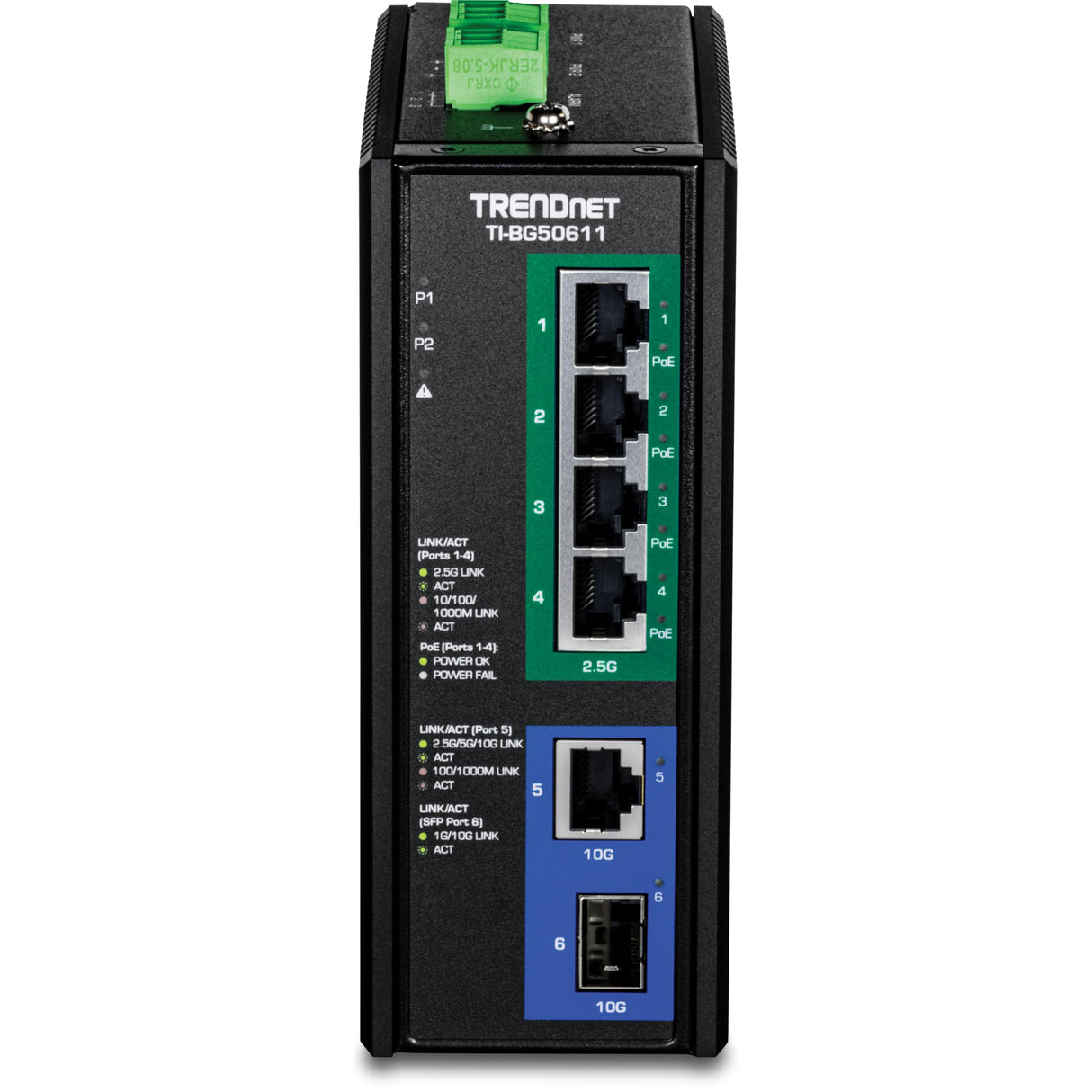 TRENDnet, TI-BG50611, Switch DIN-Rail Industrial PoE++ de 2,5 G y 6 Puertos con Puertos 10 G, Multi-Gigabit, 4 Puertos PoE++ de 2,5 G, 1 Puerto RJ-45 10 G, 1 Puerto SFP+ 10 G