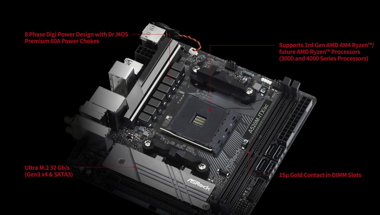 ASRock A520M-ITX / AC es compatible con la placa base de los procesadores AMD AM4 Ryzen ™ / Future AMD Ryzen ™ de tercera generación (series 3000 y 4000).