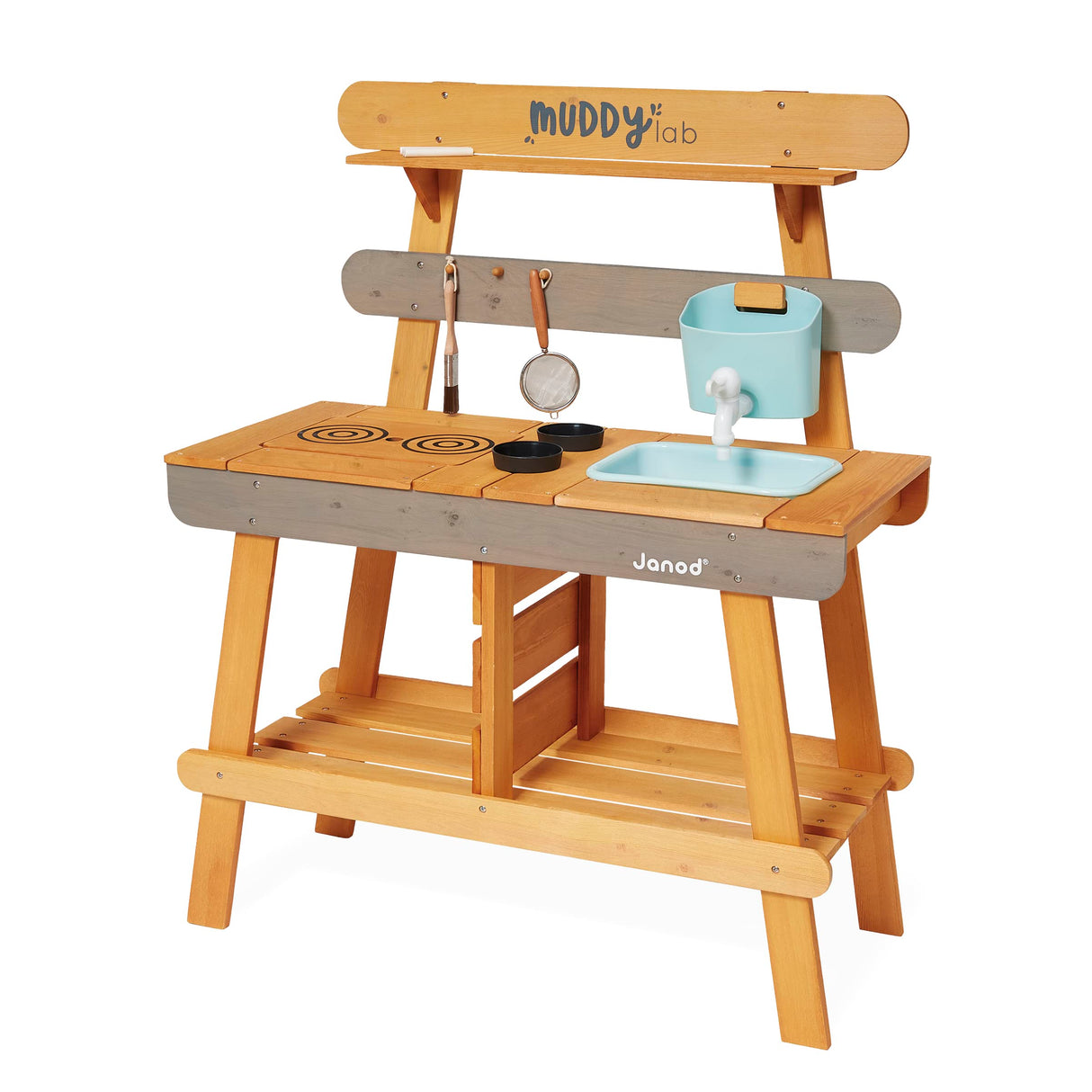 JANOD Muddy Lab-Cocina Infantil de Madera FSC-10 Accesorios-Juego de Imitación Exterior para Niños-A Partir de 3 Años, J06632, Color Azul Cielo/Gris, 77 x 35 x 95 (JURATOYS
