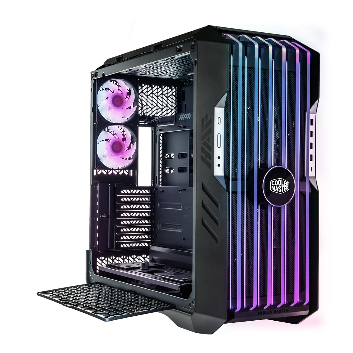Cooler Master HAF 700 EVO Caja PC - Full Tower, Admite E-ATX, 5 Fans Preinstalados, Soportes de Radiador Giratorios, High-Airflow Cooling, Display LCD Real-Time, Aspas ARGB Edge-Lit