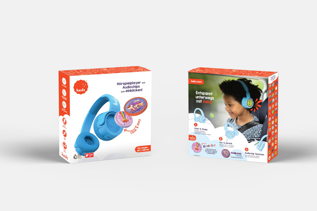Kekz Set de iniciación Premium: Auriculares para Galletas, Color Azul, Incluye Juego de Audio Cookie Crew & Wunderkekz, Exclusivo en Amazon Strandtasche & Was ist Was Junior – Aeropuerto Audiochip