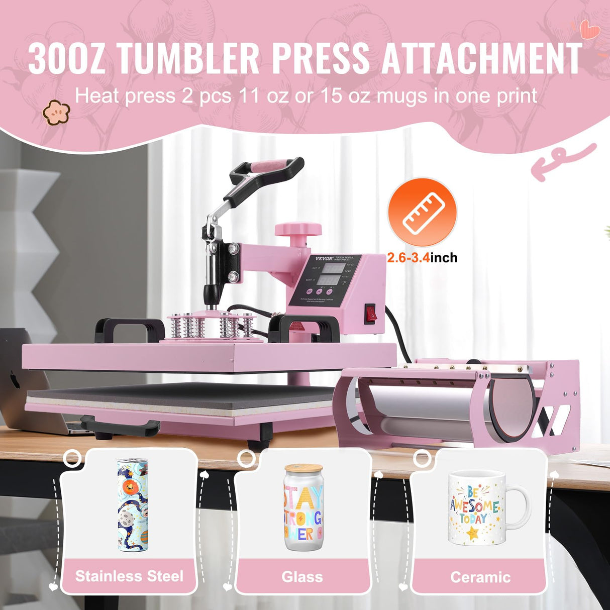 VEVOR 5 en 1 Máquina de Prensado por Calor con Prensa de Vaso de 887ml, 380 x 380 mm, Prensa Térmico con Giro de 360° y Control Digital Preciso para Camisetas, Tazas, Sombreros y Platos, Rosa