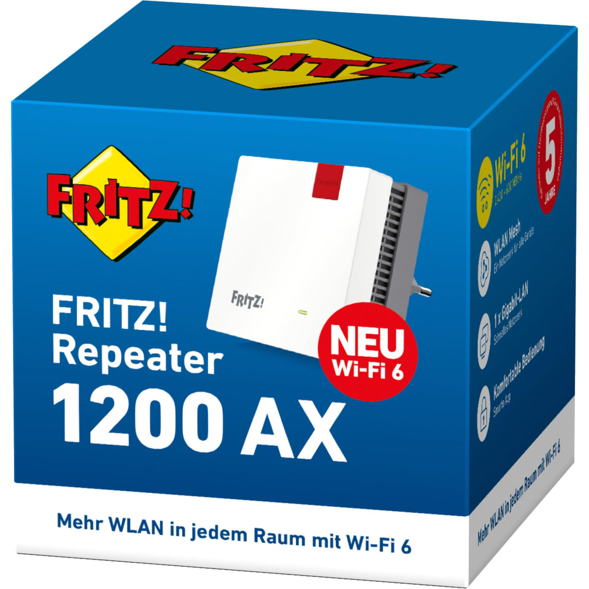 ¡POR FRITZ! Repetidor 1200 AX (repetidor Wi-Fi 6) equipado con dos unidades de radio (banda de 5 GHz (hasta 2.400 Mbps), banda de 2.4 GHz (hasta 600 Mbps), versión en alemán)