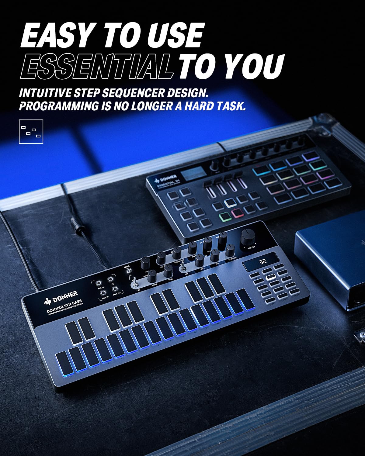 Sintetizador de bajo analógico y secuenciador, Donner Essential B1 con interfaz de usuario intuitiva, memoria de 128 patrones, efectos de saturación y retardo, ideal para un sonido de ácido clásico