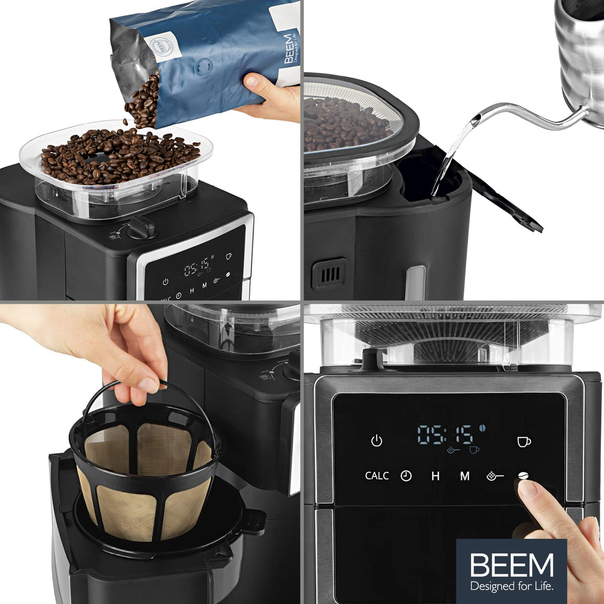 BEEM Cafetera de filtro Fresh Aroma-PERFECT III con mecanismo de molienda, térmica, de acero inoxidable, jarra aislante, mecanismo cónico y Aroma-Plus, filtro permanente, temporizador 24 h, 10 tazas