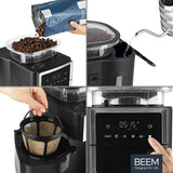 BEEM Cafetera de filtro Fresh Aroma-PERFECT III con mecanismo de molienda, térmica, de acero inoxidable, jarra aislante, mecanismo cónico y Aroma-Plus, filtro permanente, temporizador 24 h, 10 tazas