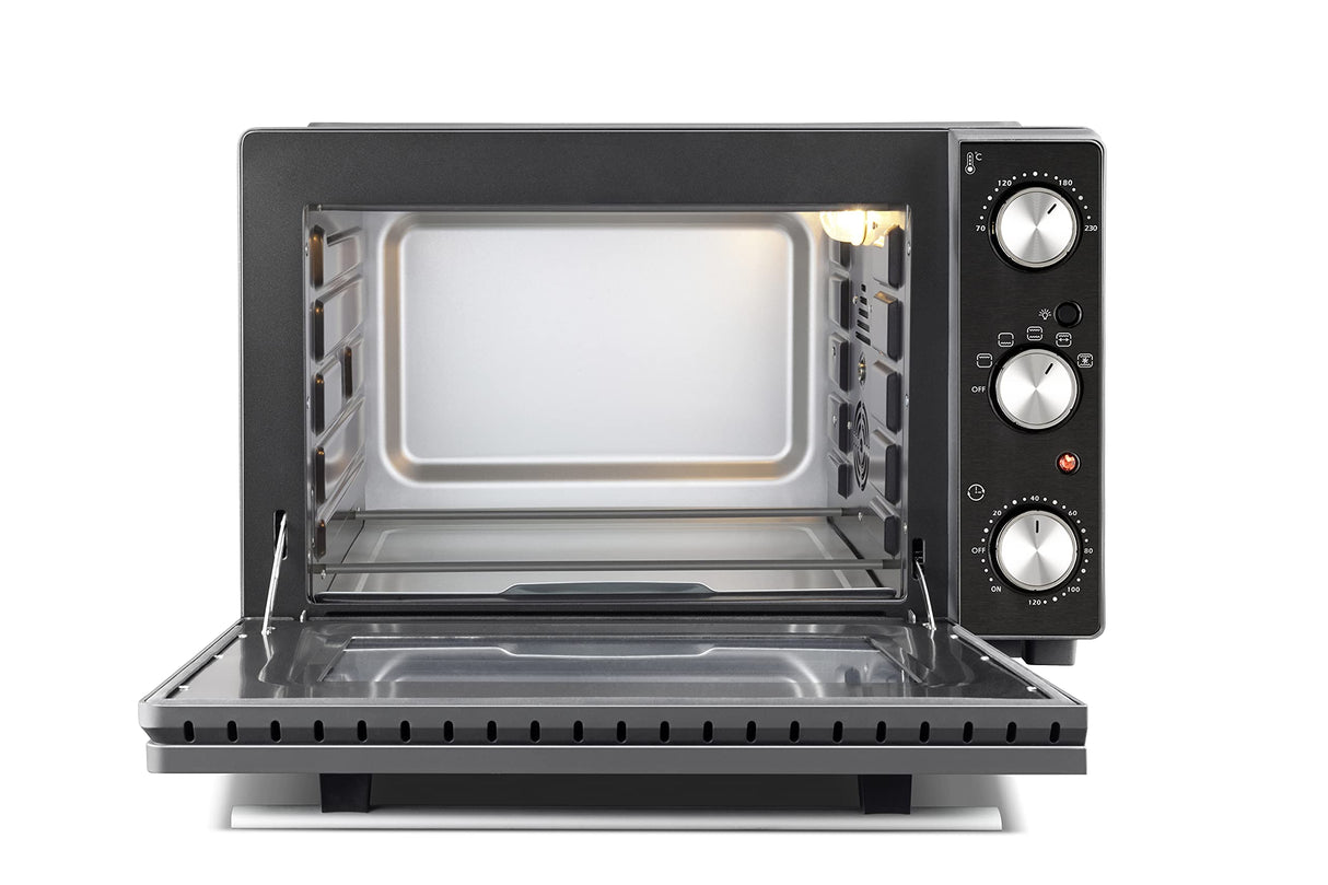 CASO TO 32 - Horno de sobremesa de acero inoxidable con Bandeja recogemigas y piedra para pizza, capacidad de 32 L, 1870 W de Potencia, hasta 230°C y 150 min - 5 modos de calor - negro
