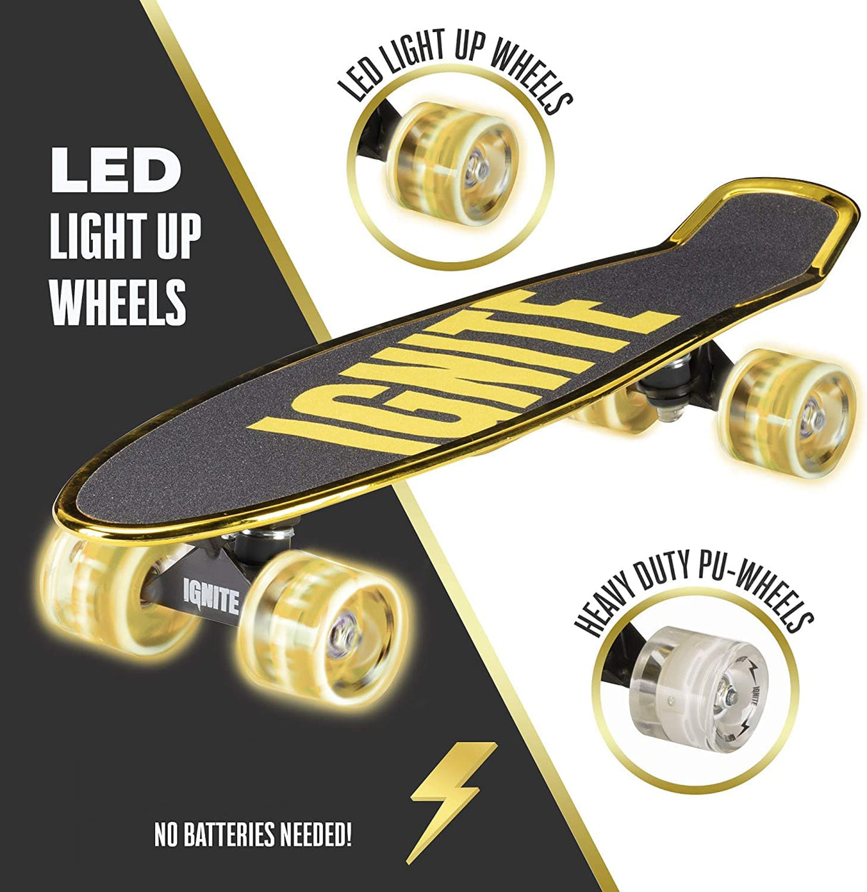 MONDO Toys-Chroma Gold Combo Pack-Monopatín Flash LED Ruedas | Casco & Protections Included – 25568 Street Ignite Poliuretano-Skate Protecciones oro-25568, tamaño único, Color, 55 x 15