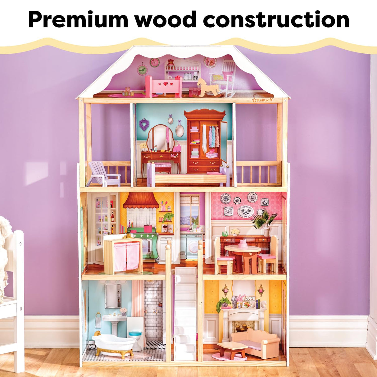 KidKraft Casa de muñecas de Madera Charlotte con Muebles y Accesorios incluidos, Casita de Juguete con 4 Niveles de Juego para muñecas de 30 cm, Juguetes niños y niñas Desde 3 años (65956)