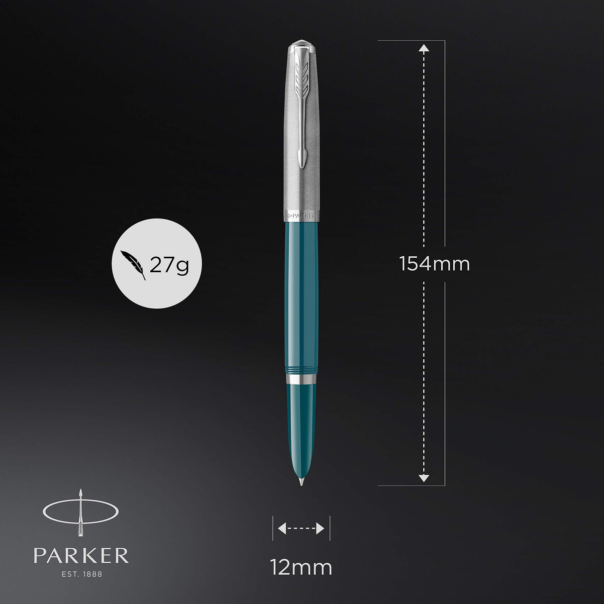 Parker 51 pluma estilográfica | cuerpo azul verdoso con adorno cromado | plumín fino con cartucho de tinta negra | estuche de regalo