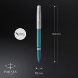 Parker 51 pluma estilográfica | cuerpo azul verdoso con adorno cromado | plumín fino con cartucho de tinta negra | estuche de regalo