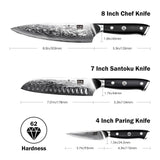 SHAN ZU 3 Piezas Juego de Cuchillo de Cocina Damasco, Set Cuchillo de Cocina Japones de Acero Damasco de 67 Capas, Cuchillo de Chef Cuchillo Santoku Cuchillo Pelador - PRO Series