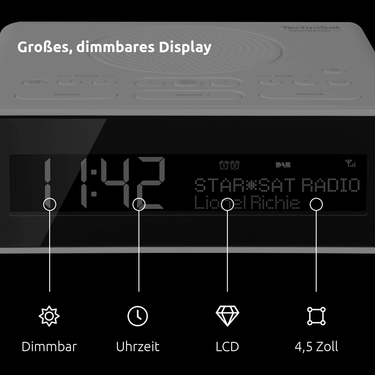 TechniSat DIGITRADIO 51 - Radio Despertador DAB+ (DAB, FM, Radio Reloj, Despertador con 2 Tiempos de Alarma Ajustables, Función de Repetición, Temporizador, Pantalla Regulable) Blanco