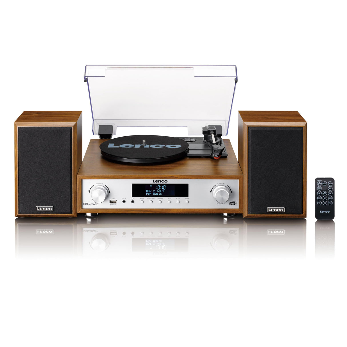 Lenco MC-160WD Equipo de música con Tocadiscos – Radio Dab+/FM, Bluetooth 5.0, conversión de Vinilo a MP3 por USB, tracción por Correa, 3 velocidades, Altavoces de Madera 2x10W, Mando a Distancia