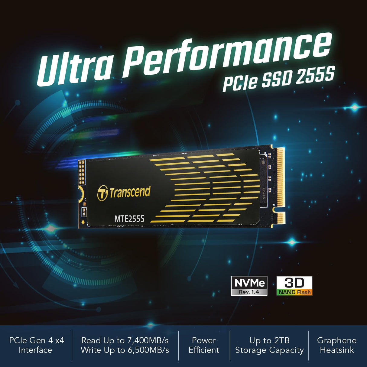 Transcend 1TB M.2 2280 SSD con disipador de Calor, hasta 7,400MB/s para PS5, computadoras de Escritorio, laptops, PCIe 4.0 NVMe Gen4x4 Internal SSD, 3D TLC NAND -TS1TMTE255S