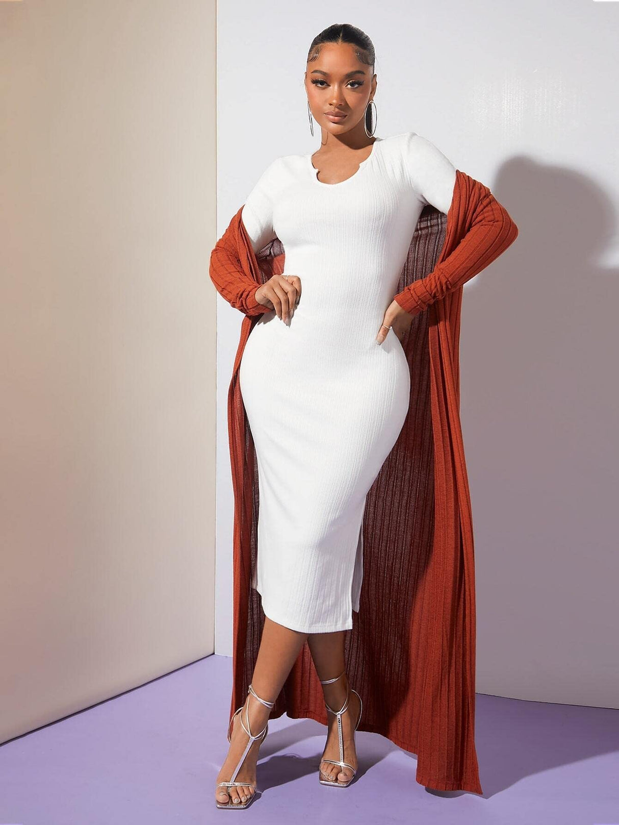 Solid Split Back Bodycon Dress (Color : White, Size : X-Small)