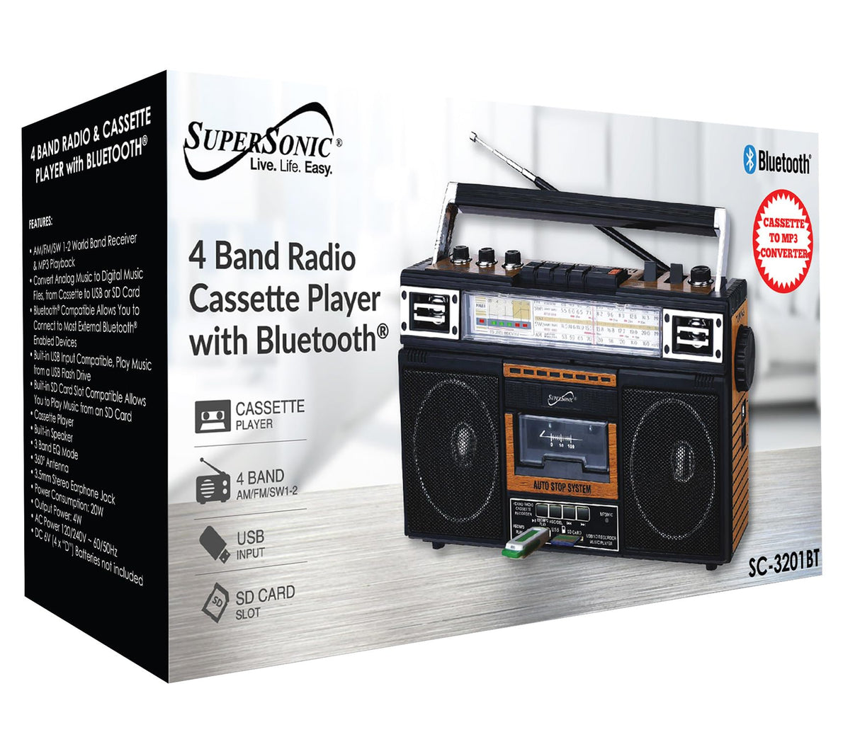 Supersonic SC-3201TBTWOD Bluetooth Retro 4 Band Radio Cassette USB Wood
