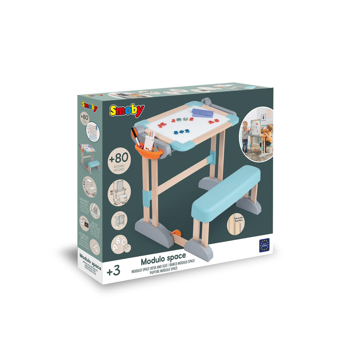 Smoby- Pupitre de Madera 2-en1, Escritorio o Pizarra Infantil, Fácil Plegado sin Herramientas, Estructura Sólida, 80 Accesorios, Niños Niñas A Partir de 3 Años (7600420304)