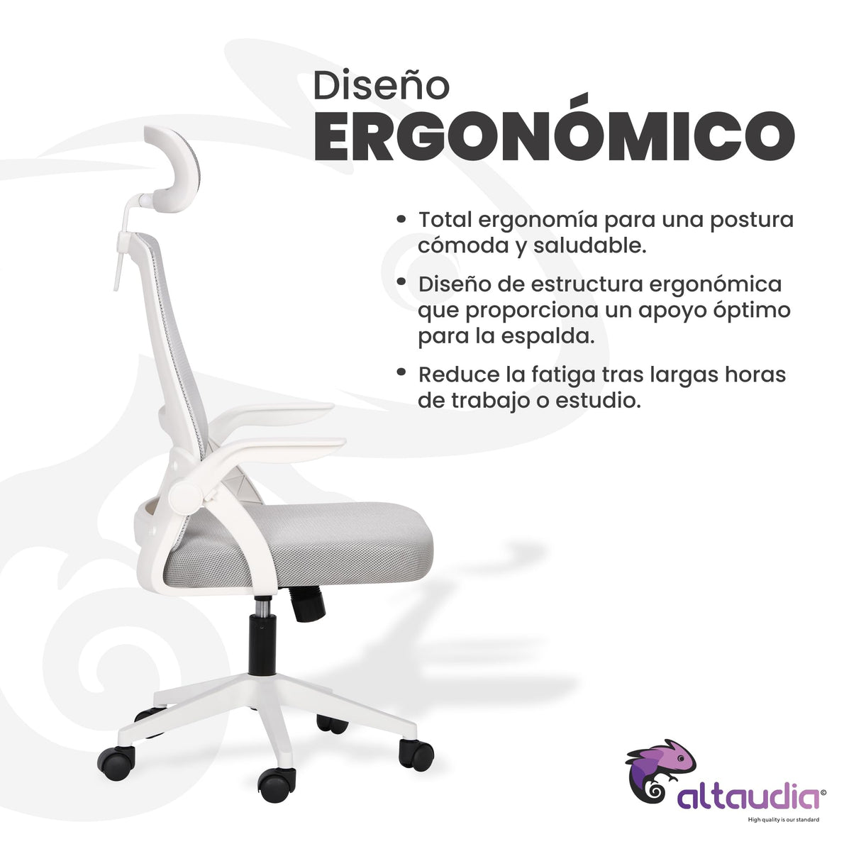 Altaudia Silla de Escritorio y Oficina de Trabajo - Ergonómica Ajustable y Reclinable - Reposabrazos móviles, Cabezal, Reposacabezas, Función de Inclinación, Silla Giratoria, Soporte Lumbar, Blanco